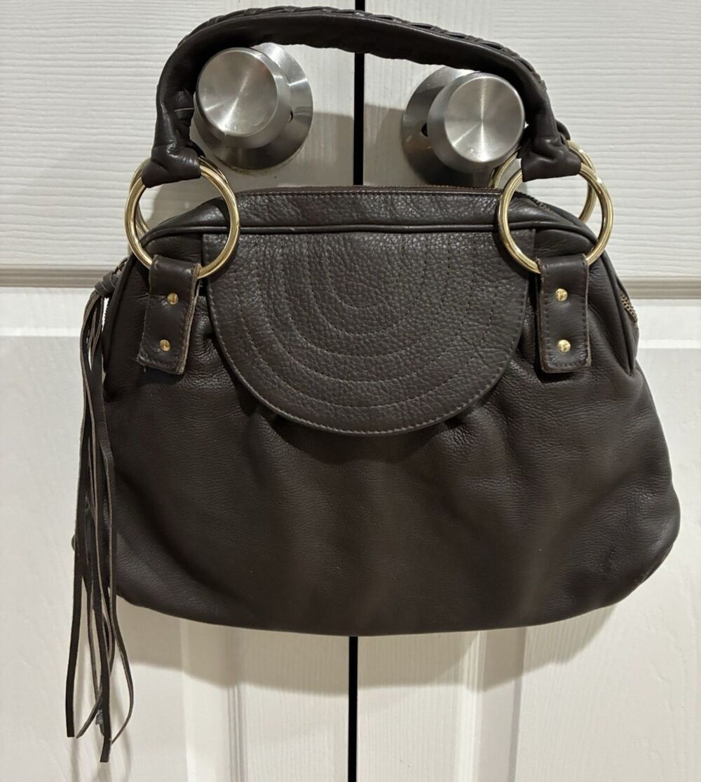 Vtg. BULGA HOBO HANDBAG Brown Leather Fringe Tassel BOHO 15x11x2 Gold Hardware